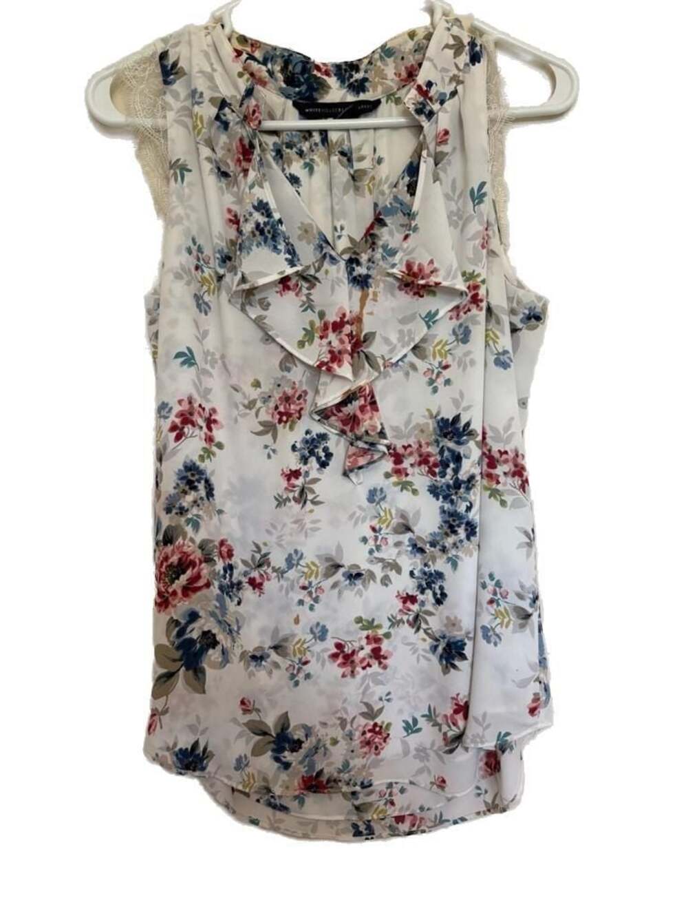 White House Black Market Floral Ruffle V-Neck Lace Trim Sleeveless Blouse Size S